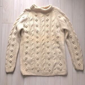 Handknit Cable Knit Bubble Stitch Wool Sweater in Cream